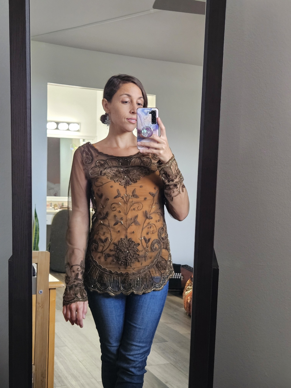 INI Love Brown Beaded Embroidered Sheer Mesh Top Size M